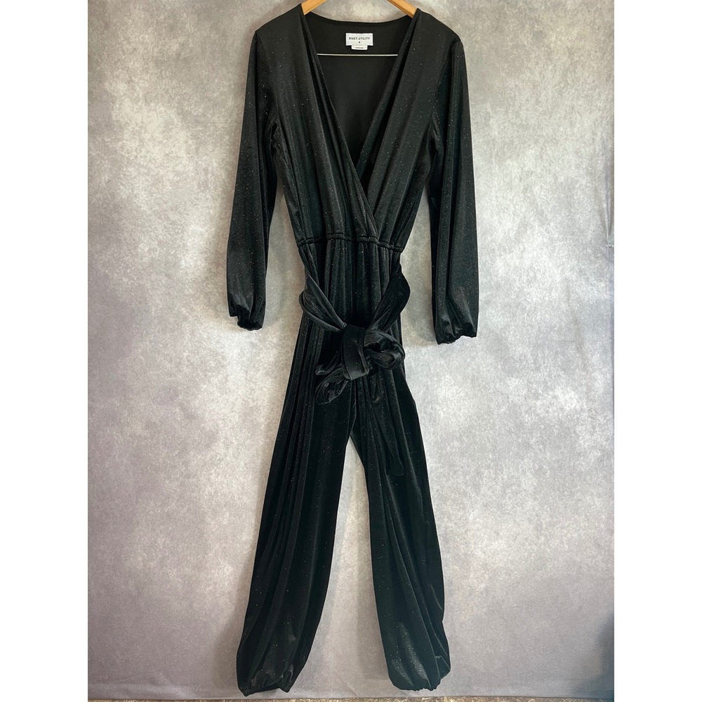 Rivet Utility Dazzler Jumpsuit Womens Medium Black Glitter Velvet Long Sleeve